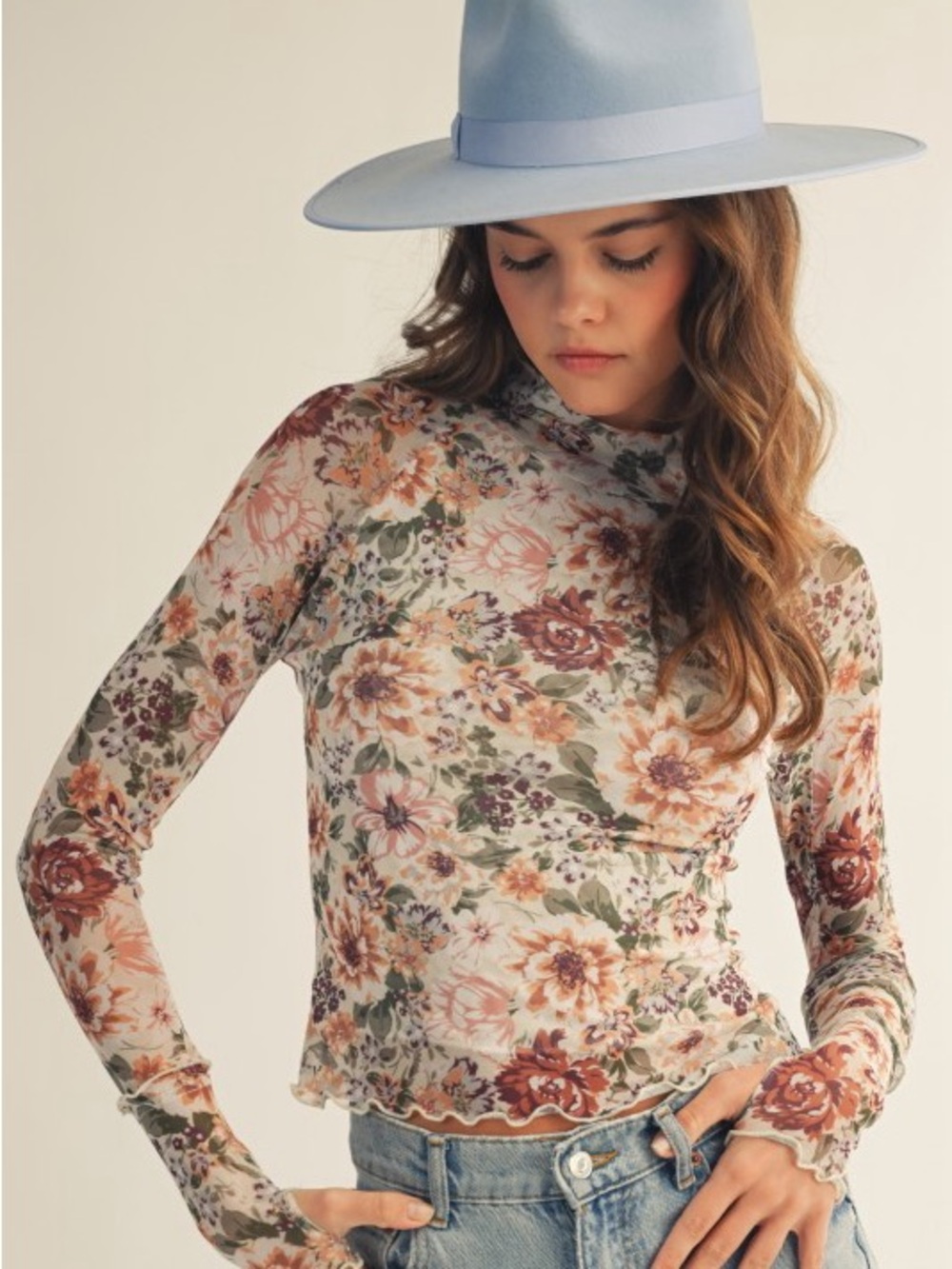 Multicolor beige floral mesh layer scalloped embroidered stitch tunic top shirt